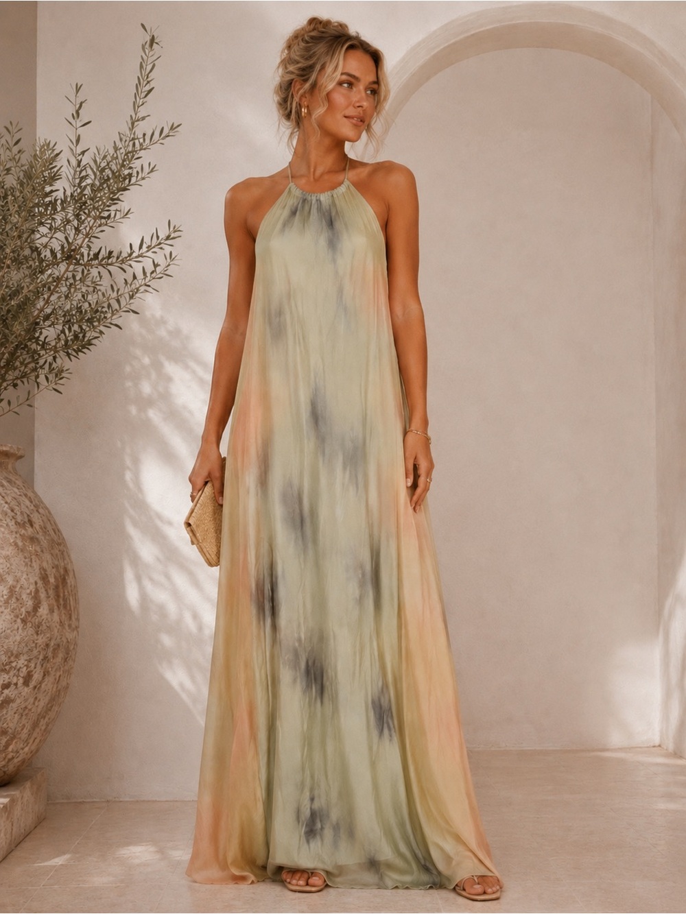 Tie-Dye Maxi Slip Dress in Pastel Green & Peach